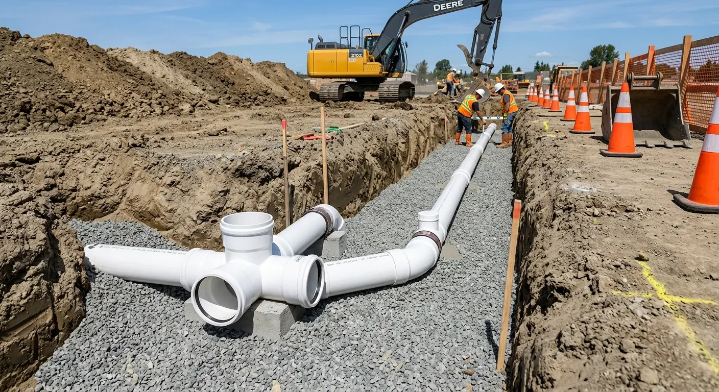 New PVC sewer pipe installation in open trench for Sewer Backup in Jasper