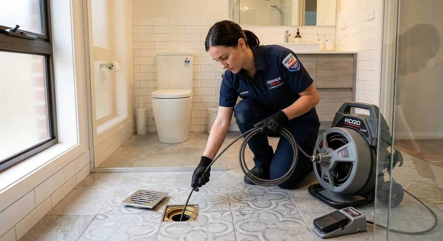 Technician clearing a bathroom floor drain for Drain Repair in Jasper